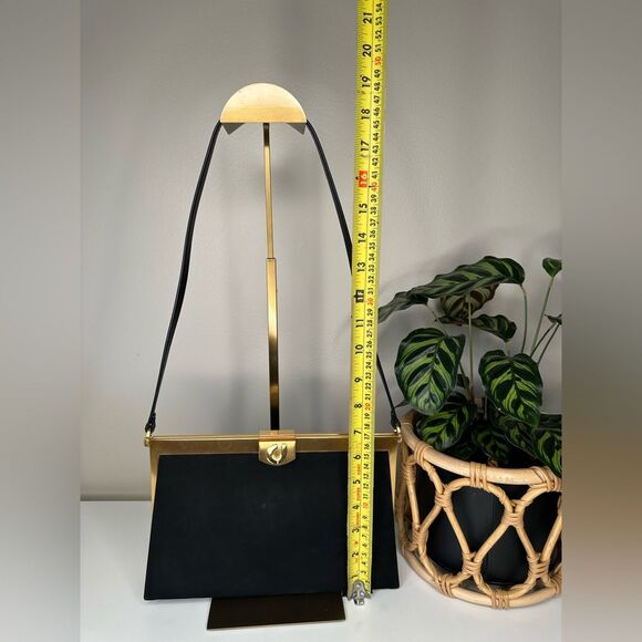 Vintage Charles Jourdan Black Suede Frame Bag Gold Hardware Clutch Leather Strap - Picture 9 of 10